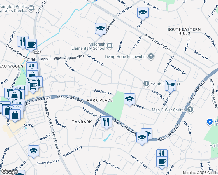 map of restaurants, bars, coffee shops, grocery stores, and more near 1190 Trent Boulevard in Lexington
