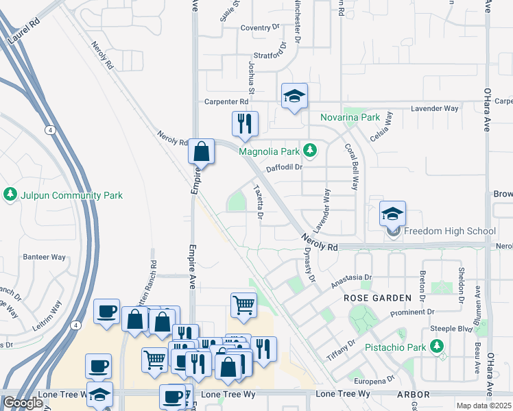 map of restaurants, bars, coffee shops, grocery stores, and more near 6060 Tazetta Drive in Oakley