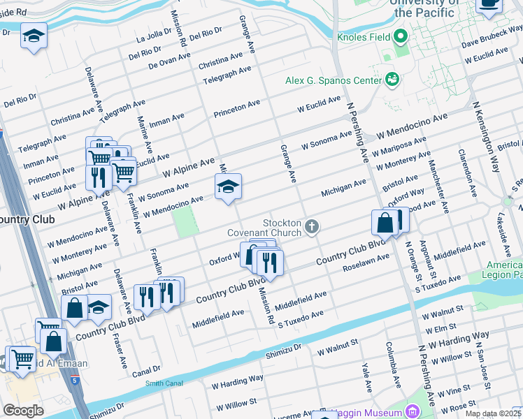 map of restaurants, bars, coffee shops, grocery stores, and more near 1825 Michigan Avenue in Stockton