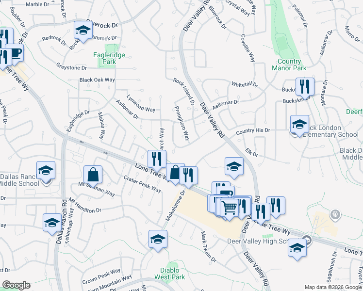 map of restaurants, bars, coffee shops, grocery stores, and more near 4551 Fallow Way in Antioch