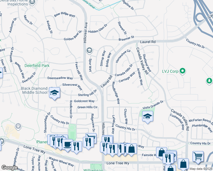 map of restaurants, bars, coffee shops, grocery stores, and more near 5012 Rodeo Circle in Antioch