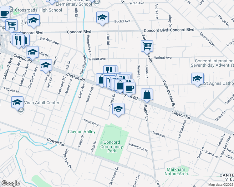 map of restaurants, bars, coffee shops, grocery stores, and more near 3478 Clayton Road in Concord