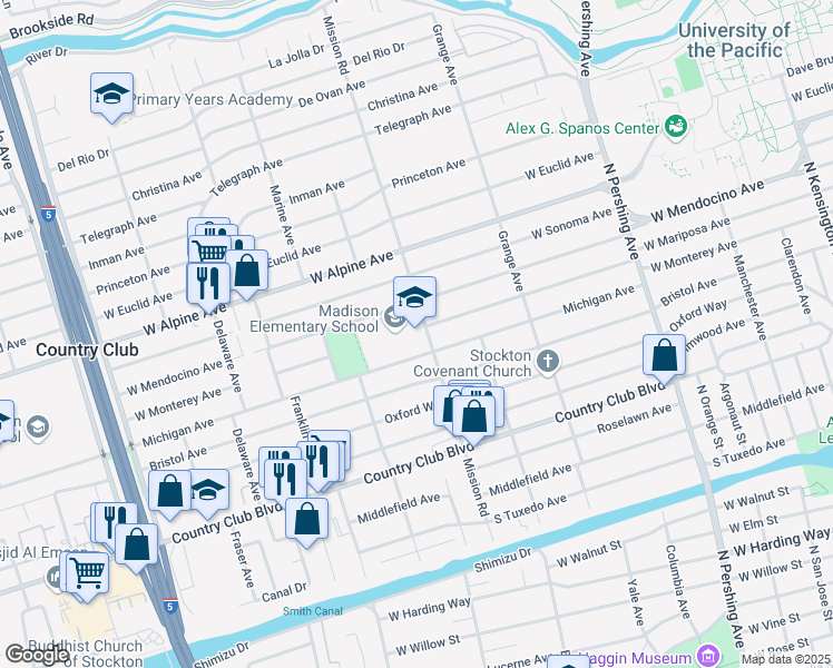 map of restaurants, bars, coffee shops, grocery stores, and more near 2939 Mission Road in Stockton