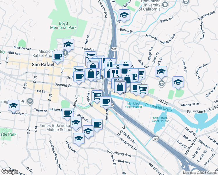 map of restaurants, bars, coffee shops, grocery stores, and more near 851 Irwin Street in San Rafael