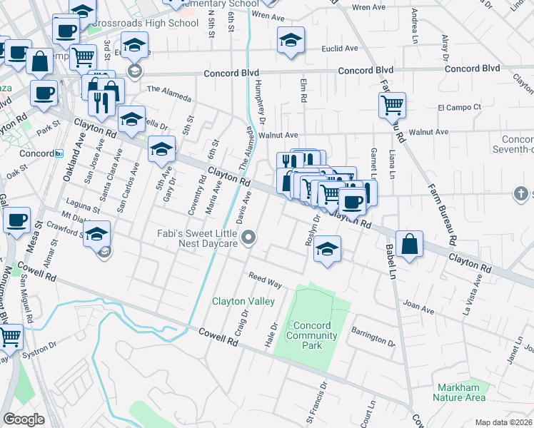 map of restaurants, bars, coffee shops, grocery stores, and more near 1464 Grove Way in Concord
