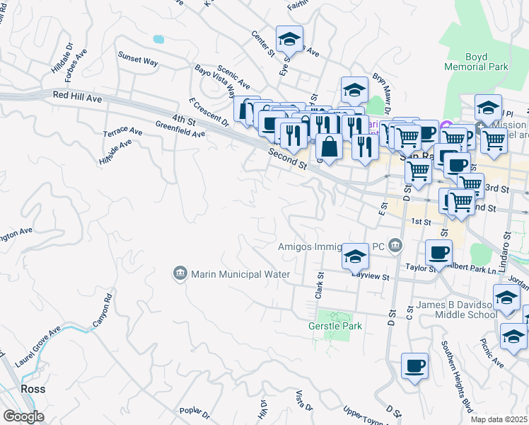 map of restaurants, bars, coffee shops, grocery stores, and more near 8 Espalda Court in San Rafael