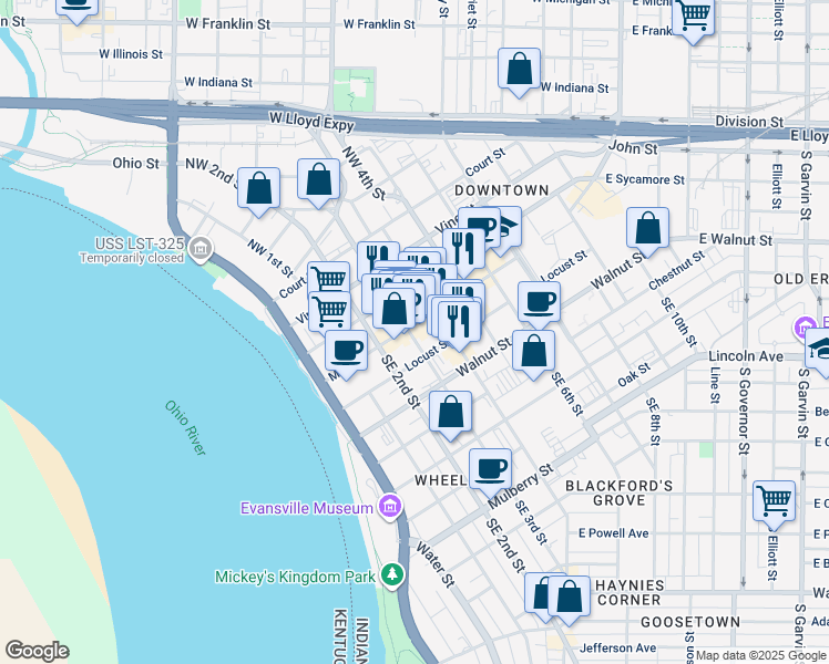 map of restaurants, bars, coffee shops, grocery stores, and more near 301 Main Street in Evansville