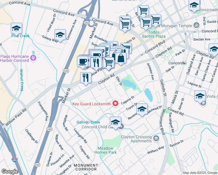 map of restaurants, bars, coffee shops, grocery stores, and more near 1730 Adelaide Street in Concord
