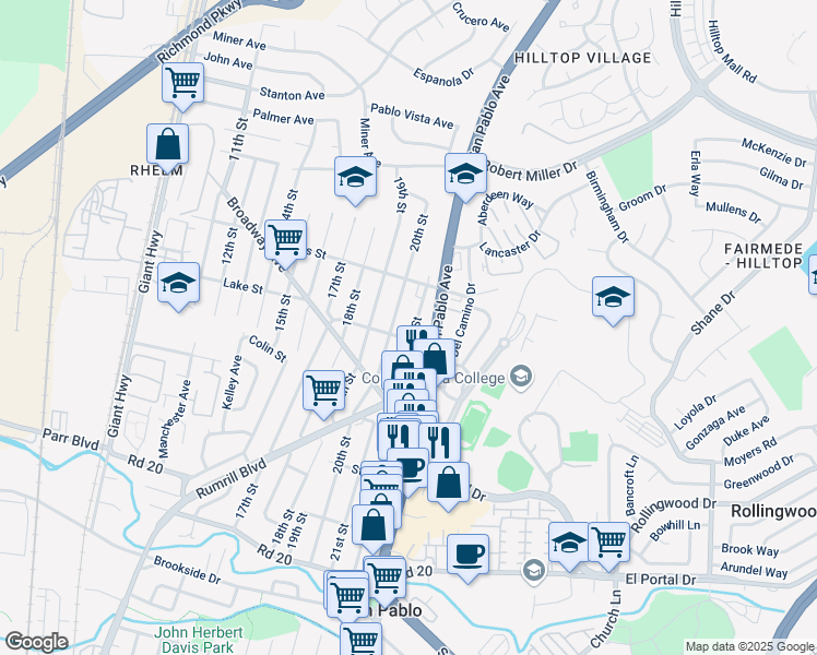 map of restaurants, bars, coffee shops, grocery stores, and more near 2823 21st Street in San Pablo
