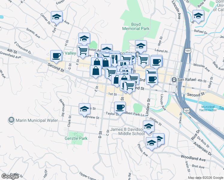 map of restaurants, bars, coffee shops, grocery stores, and more near 712 D Street in San Rafael