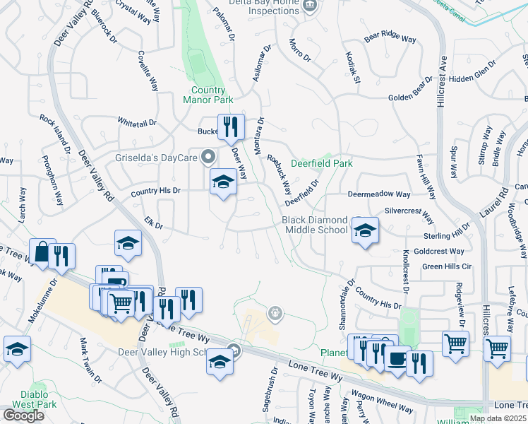 map of restaurants, bars, coffee shops, grocery stores, and more near 4346 Wallaby Court in Antioch