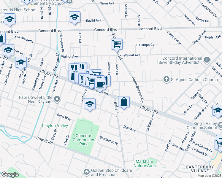 map of restaurants, bars, coffee shops, grocery stores, and more near 1515 Lucky Drive in Concord