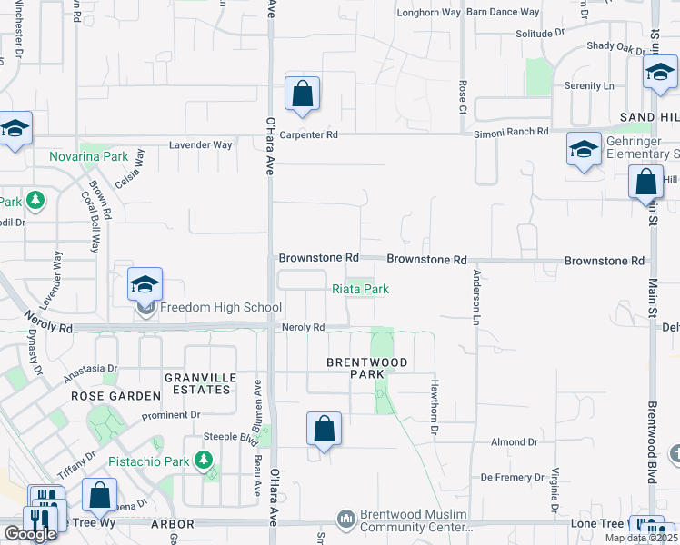 map of restaurants, bars, coffee shops, grocery stores, and more near 504 Silverspur Lane in Oakley