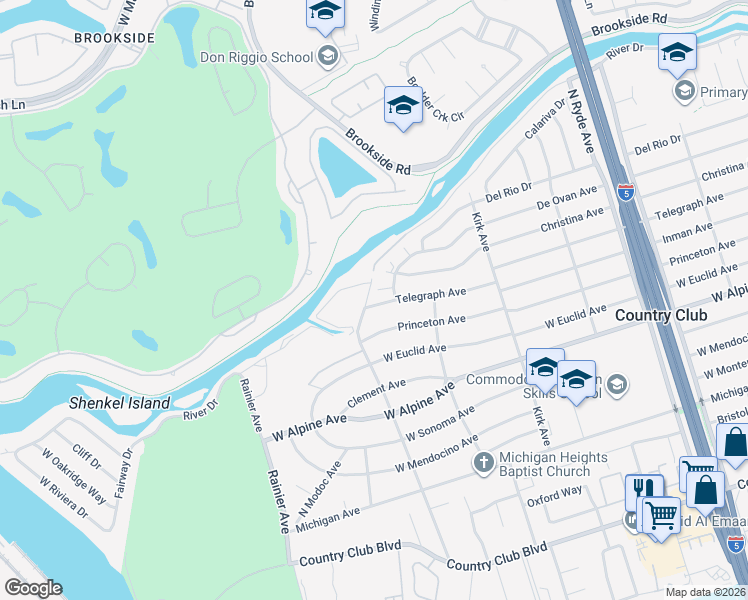 map of restaurants, bars, coffee shops, grocery stores, and more near 3355 Telegraph Avenue in Stockton