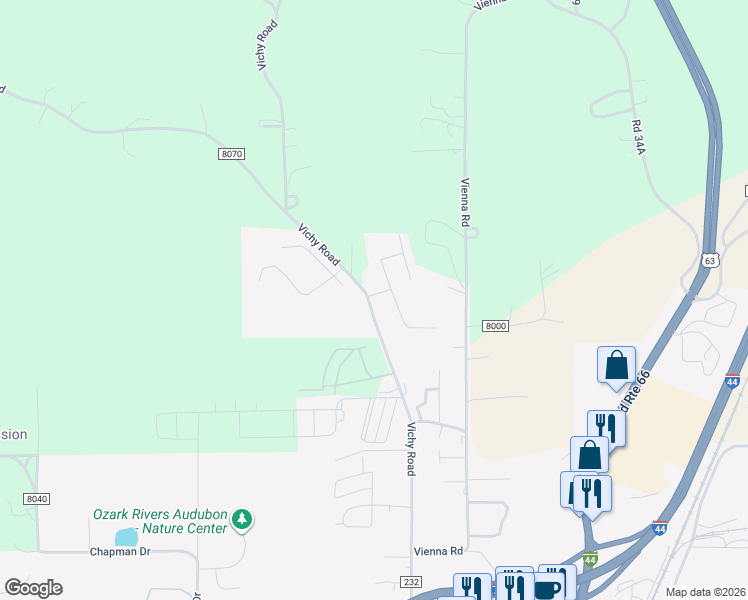 map of restaurants, bars, coffee shops, grocery stores, and more near 2608 Vichy Road in Rolla