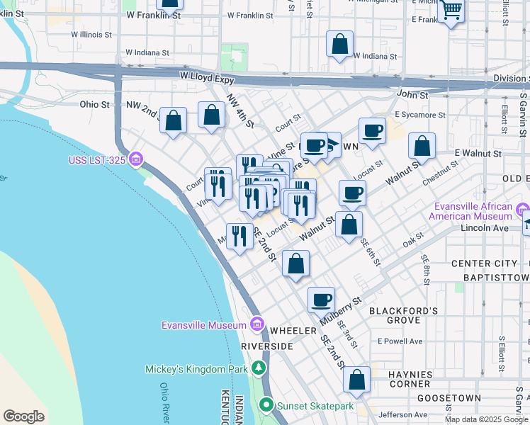 map of restaurants, bars, coffee shops, grocery stores, and more near 227 Main Street in Evansville