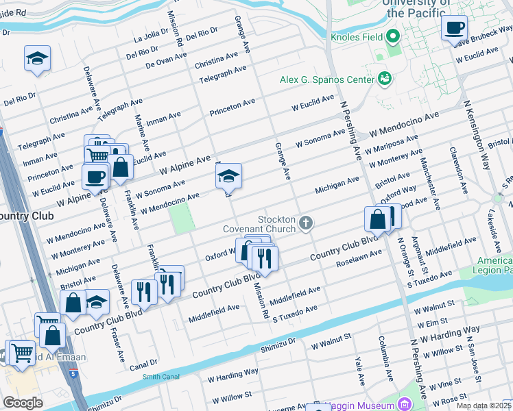 map of restaurants, bars, coffee shops, grocery stores, and more near 1825 Michigan Avenue in Stockton