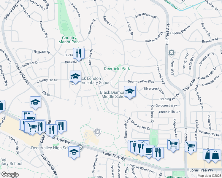 map of restaurants, bars, coffee shops, grocery stores, and more near 4413 Wolverine Way in Antioch