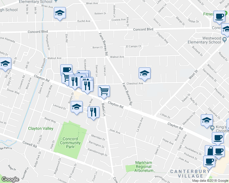 map of restaurants, bars, coffee shops, grocery stores, and more near 3794 Chestnut Avenue in Concord