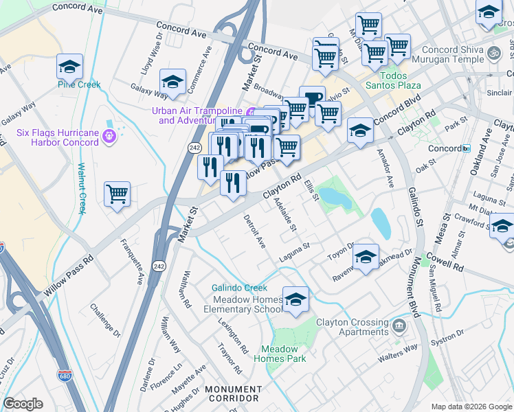 map of restaurants, bars, coffee shops, grocery stores, and more near 1682 Clayton Road in Concord