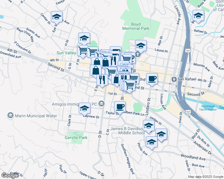 map of restaurants, bars, coffee shops, grocery stores, and more near 712 D Street in San Rafael