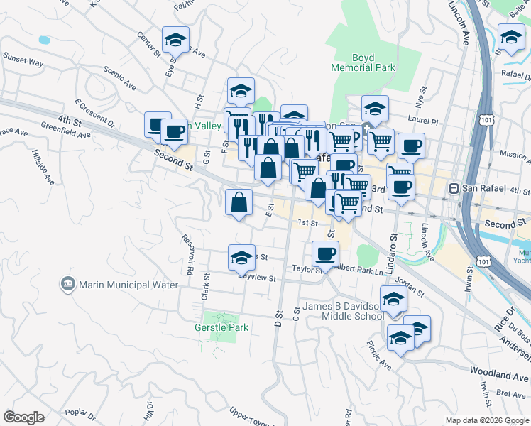 map of restaurants, bars, coffee shops, grocery stores, and more near 700 E Street in San Rafael