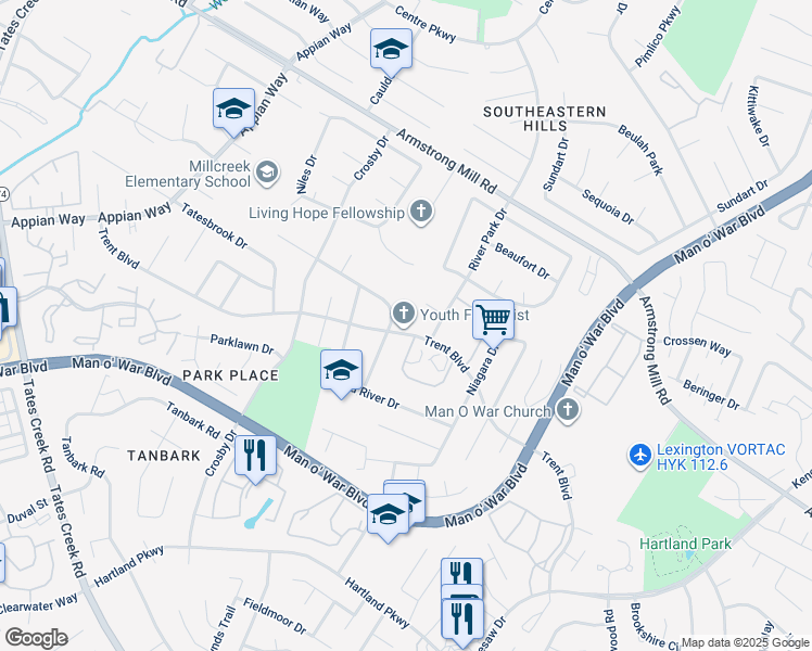 map of restaurants, bars, coffee shops, grocery stores, and more near 1325 Trent Boulevard in Lexington