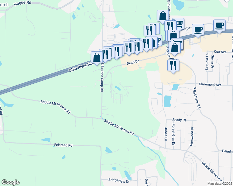 map of restaurants, bars, coffee shops, grocery stores, and more near 55 Copper Canyon in Evansville