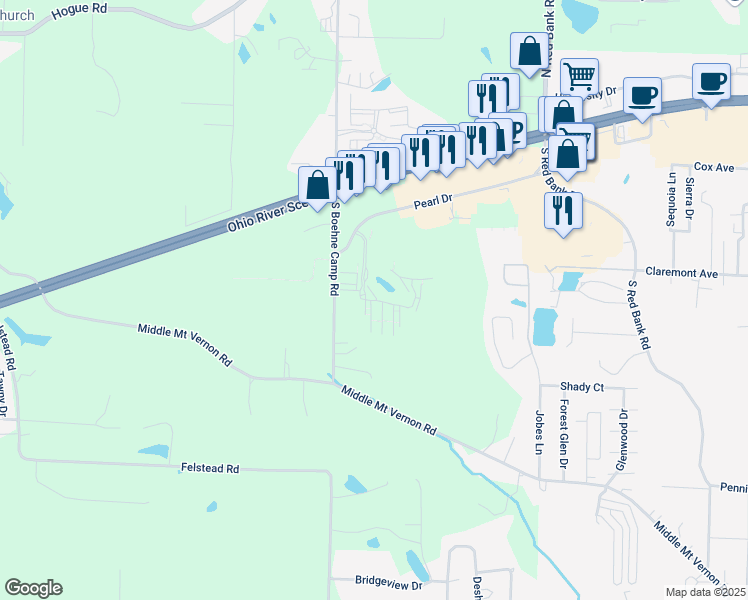 map of restaurants, bars, coffee shops, grocery stores, and more near 23 Copper Canyon in Evansville
