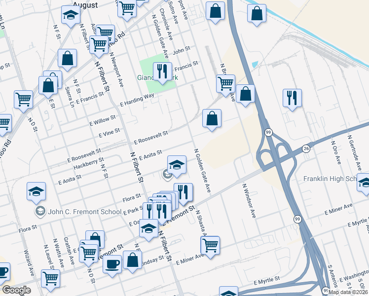 map of restaurants, bars, coffee shops, grocery stores, and more near 2902 East Anita Street in Stockton