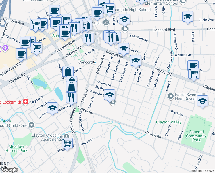 map of restaurants, bars, coffee shops, grocery stores, and more near 2860 Laguna Street in Concord