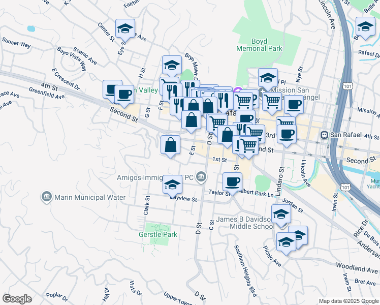 map of restaurants, bars, coffee shops, grocery stores, and more near 700 E Street in San Rafael