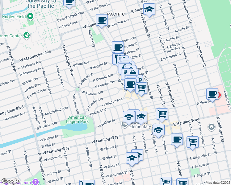 map of restaurants, bars, coffee shops, grocery stores, and more near 435 South Tuxedo Avenue in Stockton