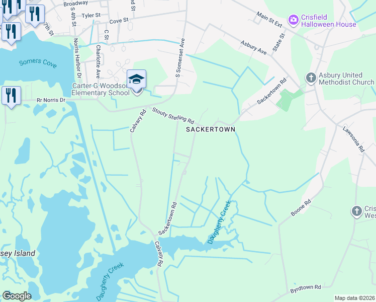 map of restaurants, bars, coffee shops, grocery stores, and more near 3228 Sackertown Road in Crisfield