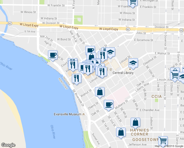 map of restaurants, bars, coffee shops, grocery stores, and more near 303 Main Street in Evansville