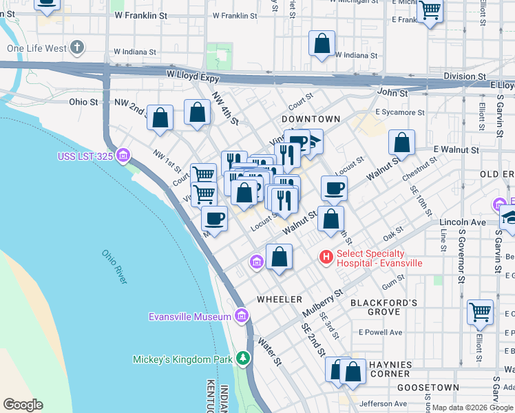map of restaurants, bars, coffee shops, grocery stores, and more near 315 Main Street in Evansville