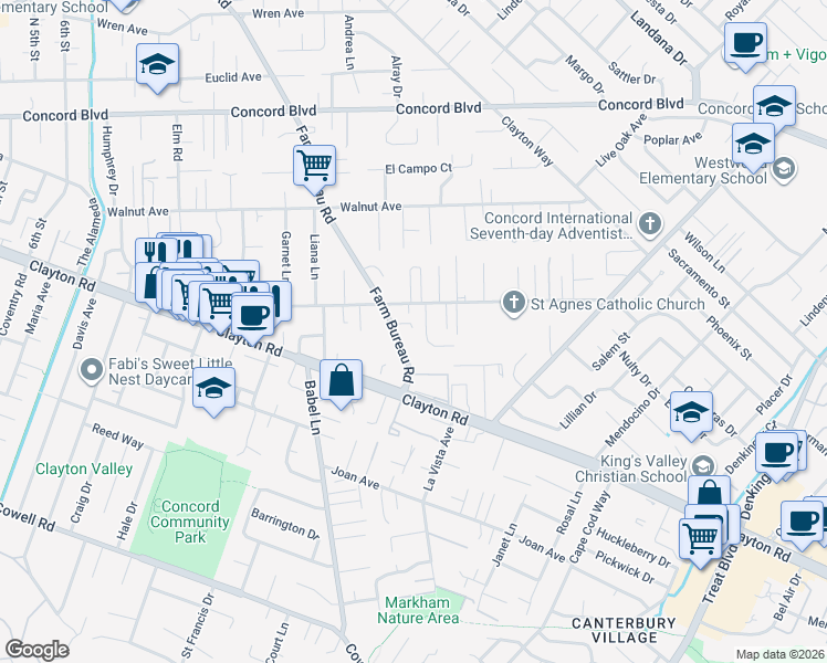 map of restaurants, bars, coffee shops, grocery stores, and more near 1579 Farm Bureau Road in Concord