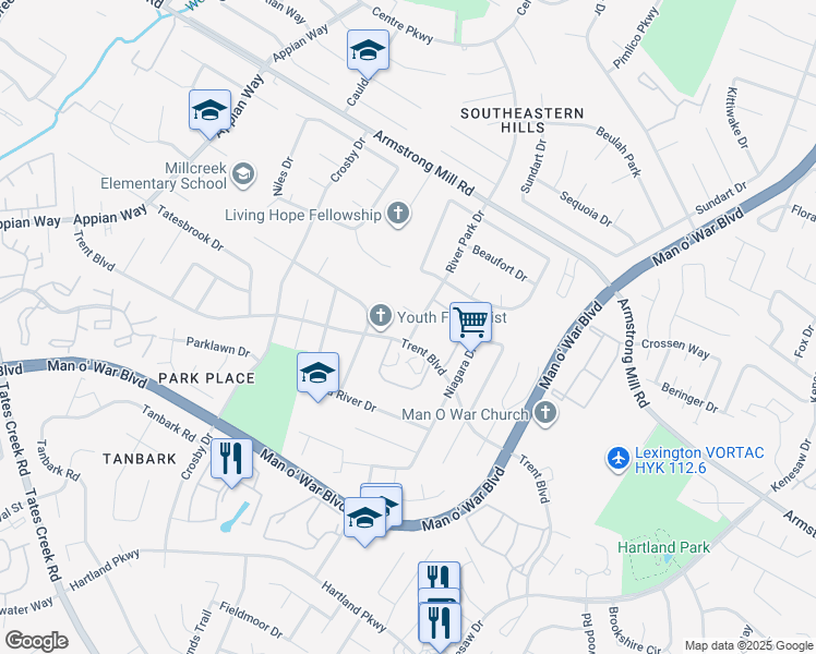 map of restaurants, bars, coffee shops, grocery stores, and more near 1325 Trent Boulevard in Lexington