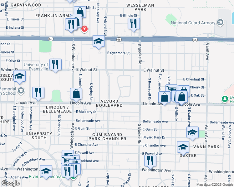 map of restaurants, bars, coffee shops, grocery stores, and more near 17 Johnson Place in Evansville