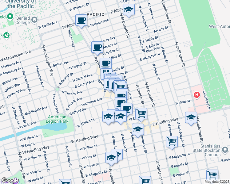 map of restaurants, bars, coffee shops, grocery stores, and more near 2030 Pacific Avenue in Stockton