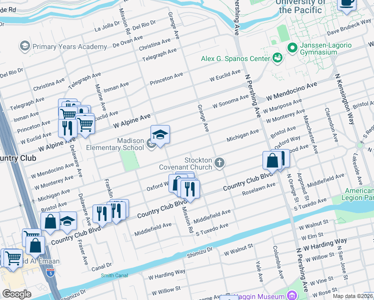 map of restaurants, bars, coffee shops, grocery stores, and more near 1811 Michigan Avenue in Stockton