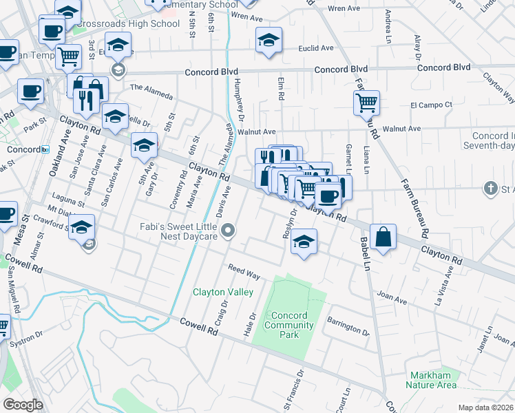 map of restaurants, bars, coffee shops, grocery stores, and more near 110 Fabian Way in Concord