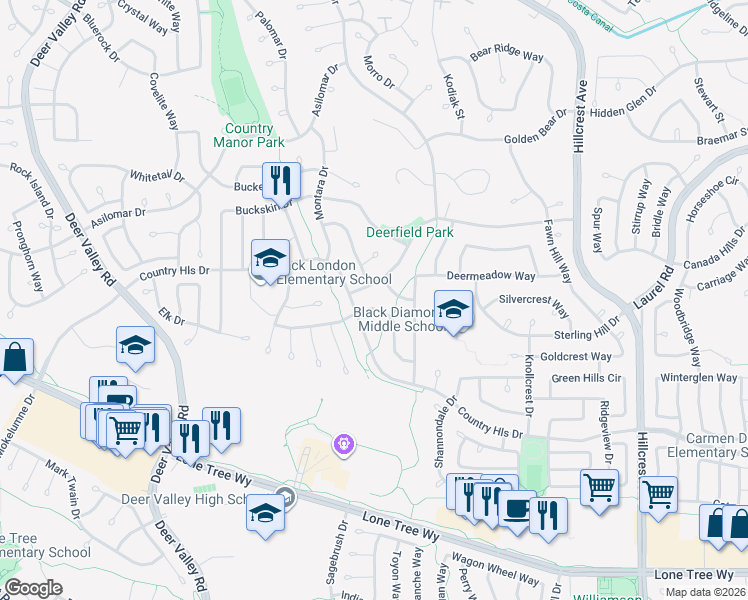 map of restaurants, bars, coffee shops, grocery stores, and more near 4413 Wolverine Way in Antioch