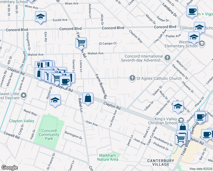map of restaurants, bars, coffee shops, grocery stores, and more near 1579 Farm Bureau Road in Concord