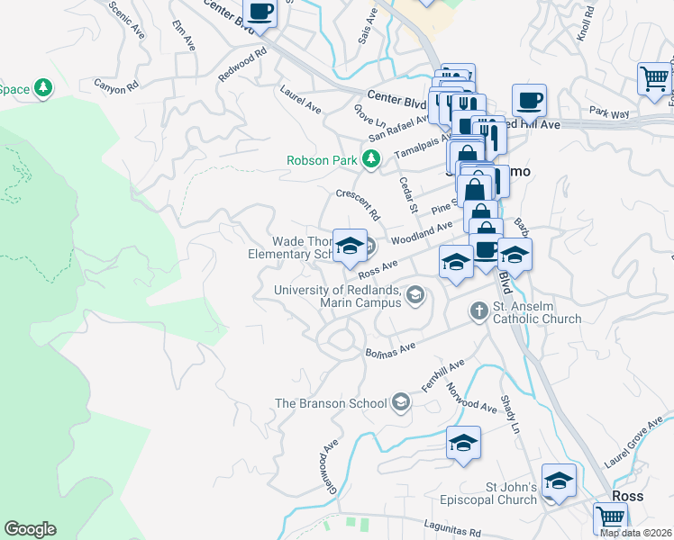 map of restaurants, bars, coffee shops, grocery stores, and more near 27 Foss Avenue in San Anselmo