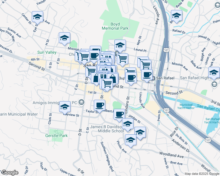 map of restaurants, bars, coffee shops, grocery stores, and more near 739 A Street in San Rafael