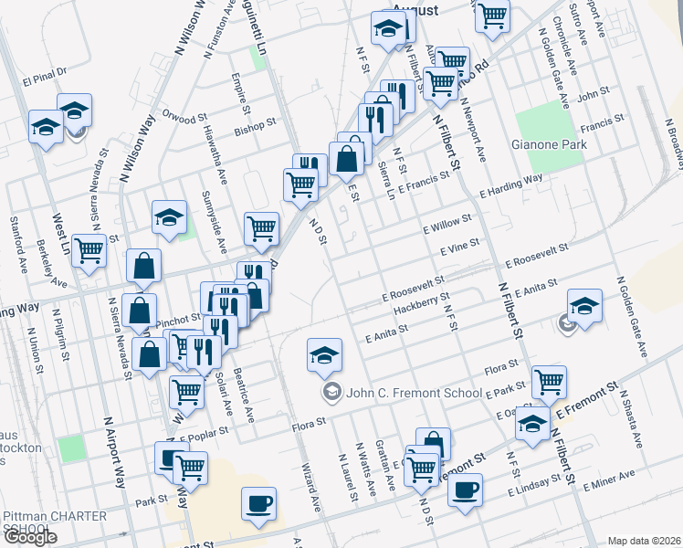 map of restaurants, bars, coffee shops, grocery stores, and more near 1216 North D Street in Stockton
