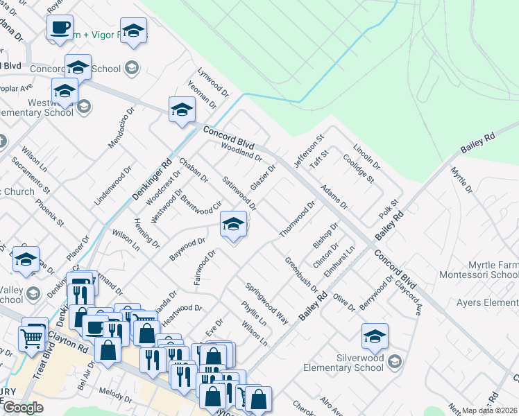 map of restaurants, bars, coffee shops, grocery stores, and more near 4319 Satinwood Drive in Concord