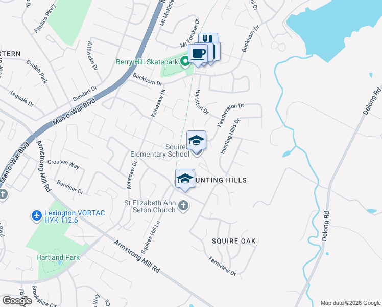 map of restaurants, bars, coffee shops, grocery stores, and more near 3337 Squire Oak Drive in Lexington