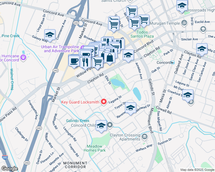 map of restaurants, bars, coffee shops, grocery stores, and more near 1731 Ellis Street in Concord